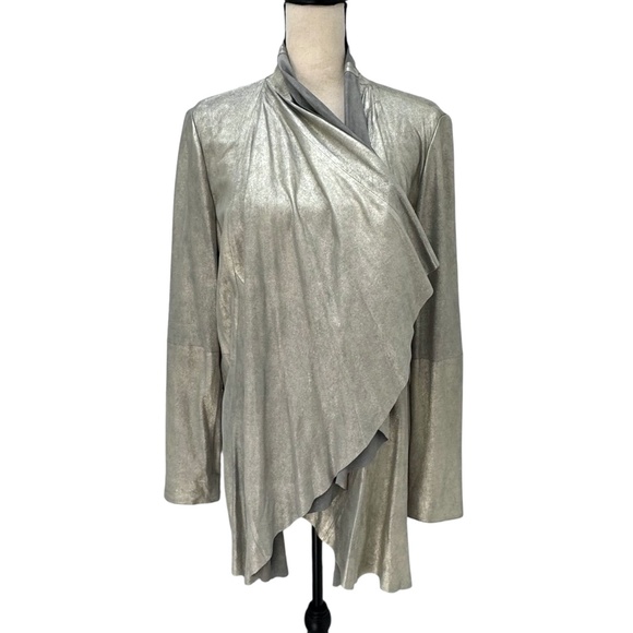 CATHERINE MALANDRINO SILVER METALLIC DRAPED NECKLINE OPEN LEATHER JACKET - NWT - Picture 2 of 13